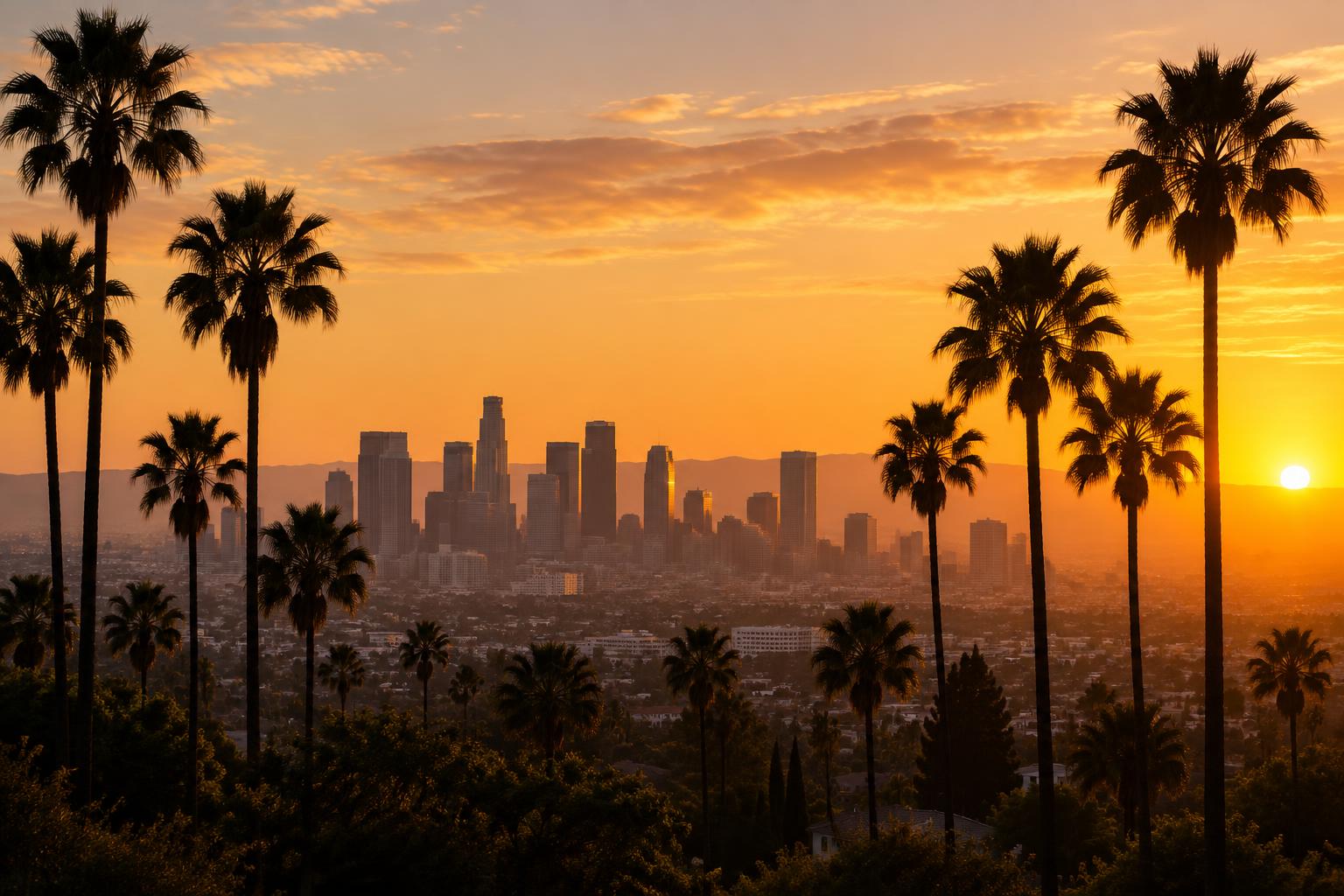 Los Angeles skyline at sunset with palm trees in the foreground
