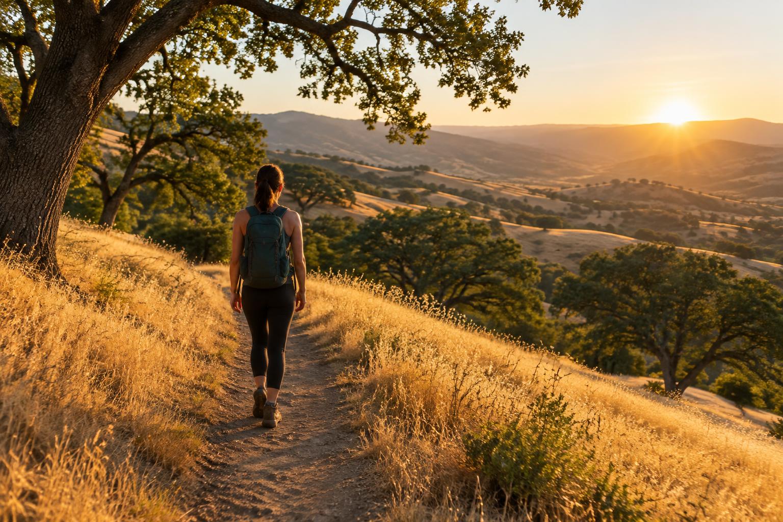 A woman hiking a trail through golden California hills with oak trees